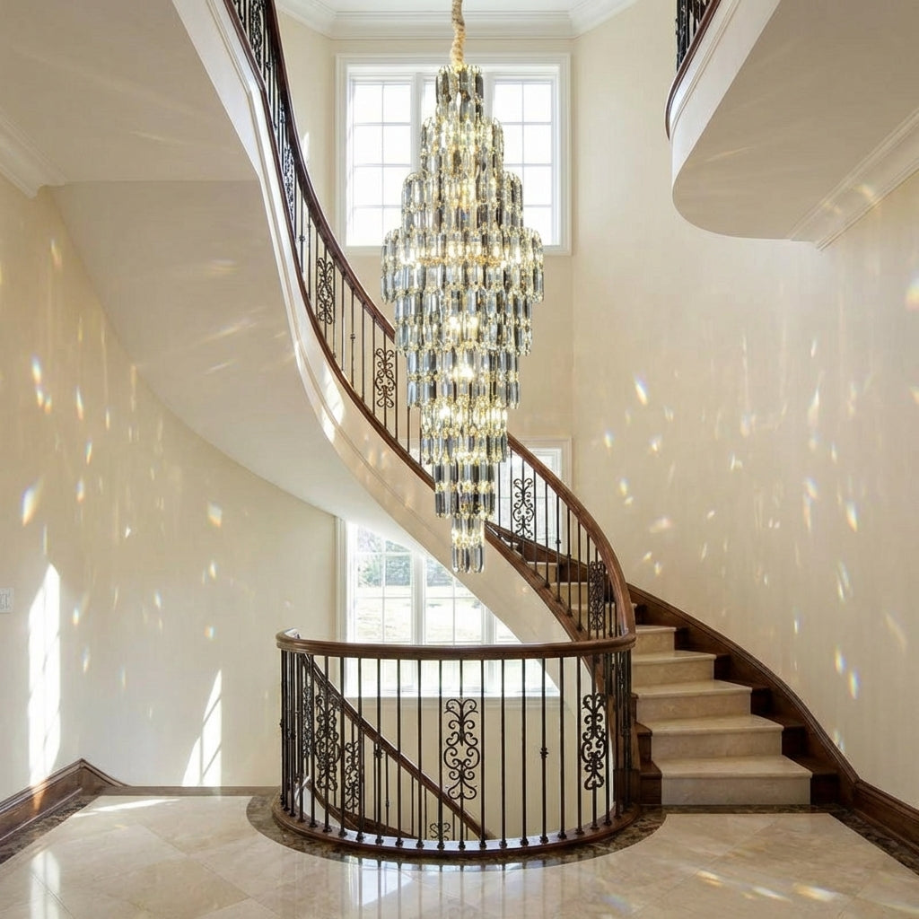 Luster Gaze Luxury Large Foyer Staircase K9 Crystal Chandelier Long Ceiling Lighting Fixture For Living Room Hall - dramatic American stairwell with soaring ceiling