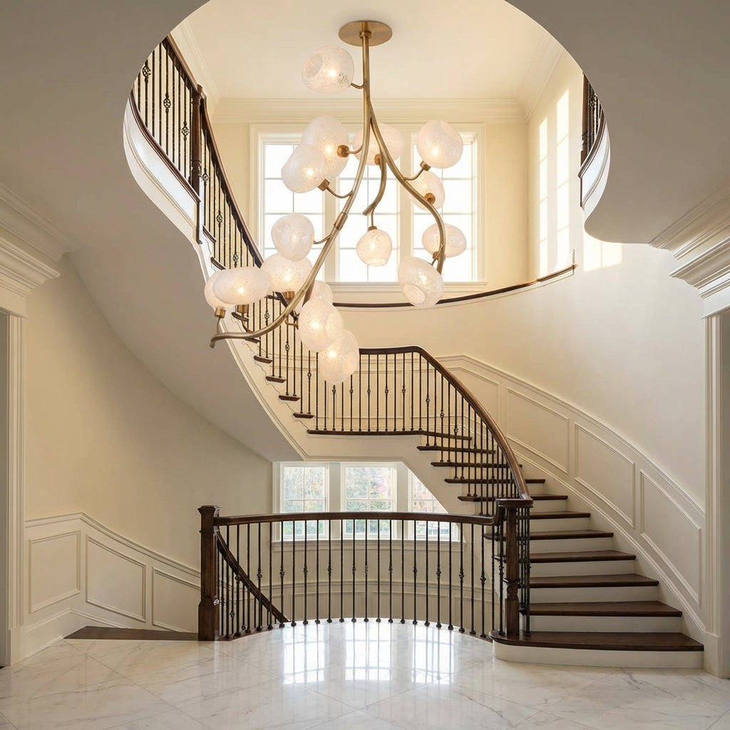 Luster Gaze Verdant Branch Brass Chandelier with Irregular Glass Shades - dramatic American stairwell with soaring ceiling