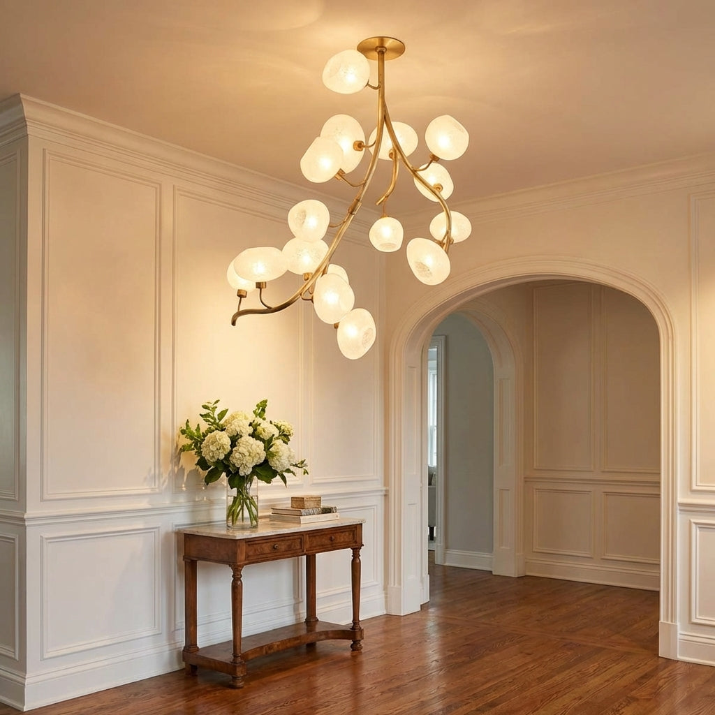 Luster Gaze Verdant Branch Brass Chandelier with Irregular Glass Shades - elegant American entryway with arched doorway
