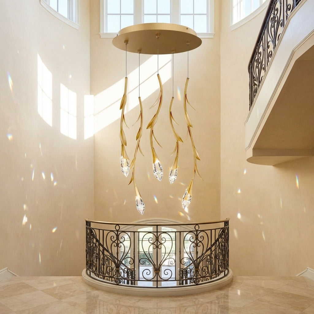 Luster Gaze Veridian Bloom Floating Crystal Chandelier - dramatic American stairwell with soaring ceiling