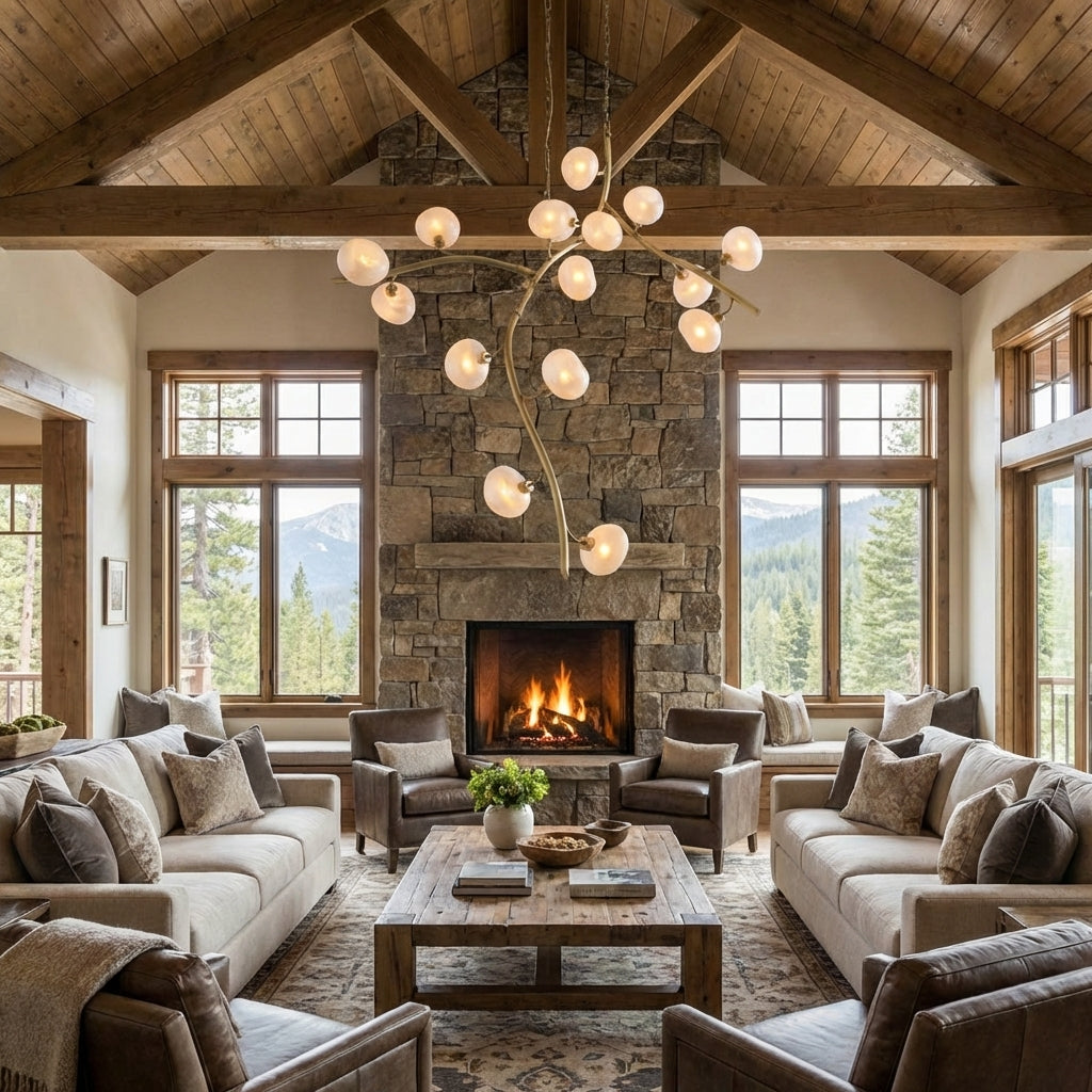 Luster Gaze Veridian Branch Glass Globe Chandelier - American transitional great room with cathedral ceiling