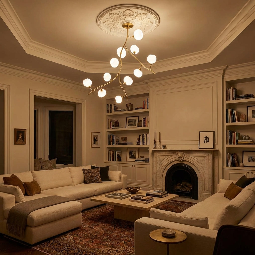 Luster Gaze Veridian Branch Brass Chandelier with Artisan Glass - luxurious American living room with tray ceiling