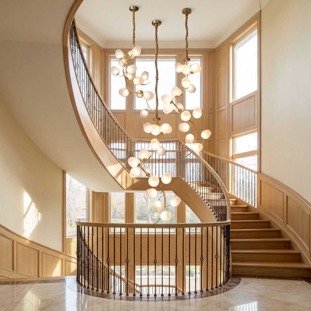 Luster Gaze Verdant Canopy Branch Chandelier - dramatic American stairwell with soaring ceiling