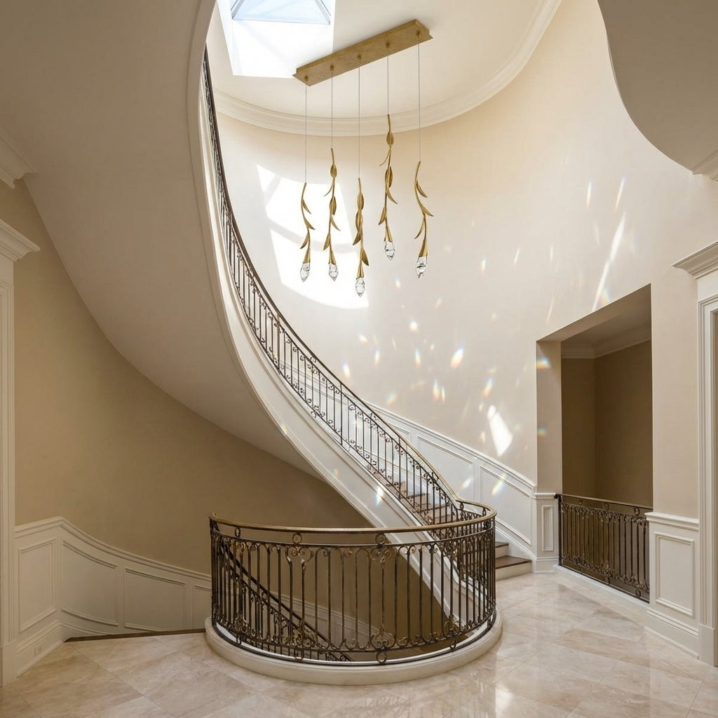 Luster Gaze Veridian Bloom Rectangular Crystal Chandelier - dramatic American stairwell with soaring ceiling