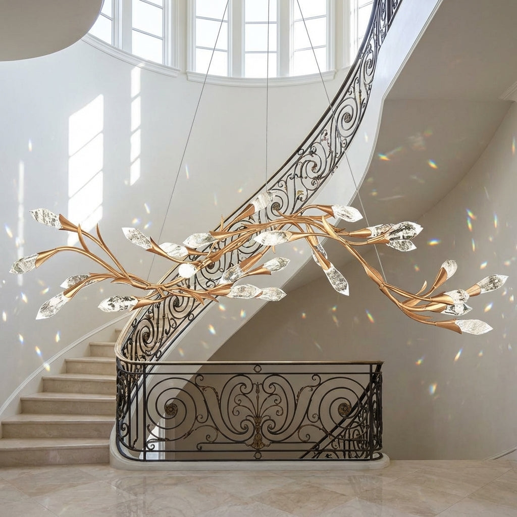 Luster Gaze Gilded Bloom Linear/Round Crystal Chandelier - dramatic American stairwell with soaring ceiling