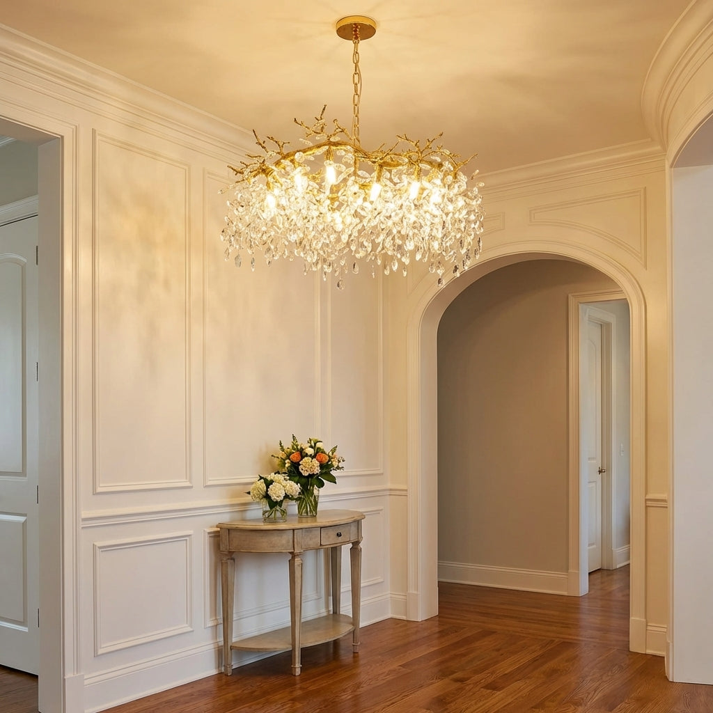 Luster Gaze Gilded Branch Crystal Ring Chandelier - elegant American entryway with arched doorway
