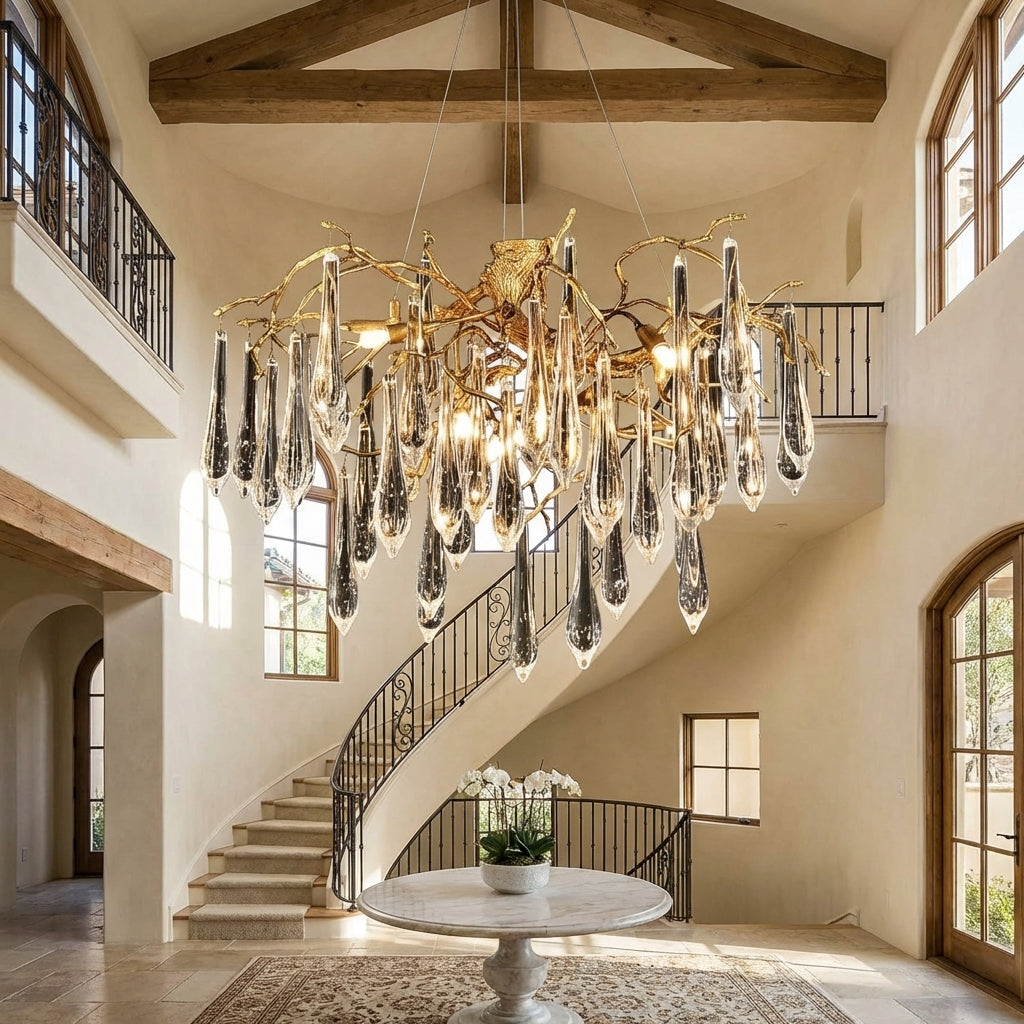 Luster Gaze Branch Crystal Drops Chandelier in French Style with Copper Gold Finish for Dining and Living Room Ceiling - Studio Shot