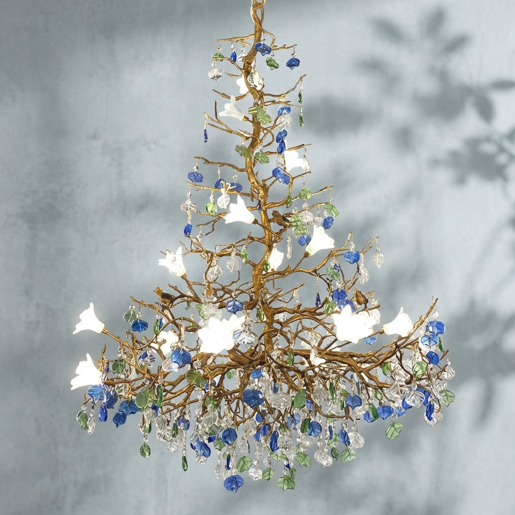 Luster Gaze Stylish Colored Glaze Flower Crystal Chandelier Brass Tree Branch Ceiling Light For Living Room Hotel Hal - Studio Shot