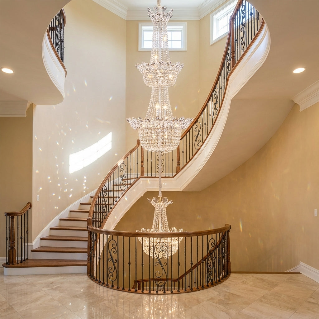 Luster Gaze Regal Branch Crystal Pendant Chandelier - dramatic American stairwell with soaring ceiling