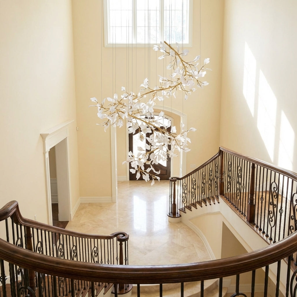 Luster Gaze Ginkgo Canopy Porcelain Chandelier - dramatic American stairwell with soaring ceiling