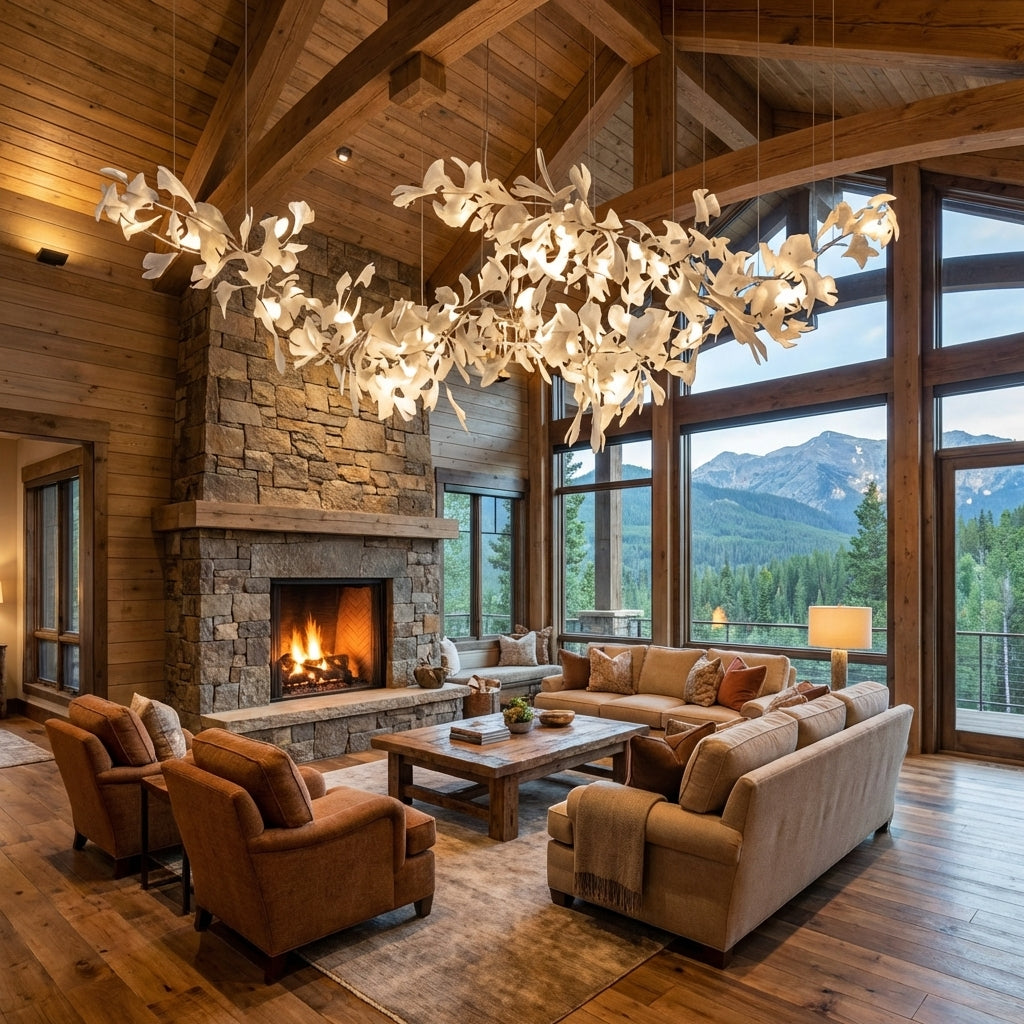 Luster Gaze Ginkgo Canopy Porcelain Chandelier - American transitional great room with cathedral ceiling
