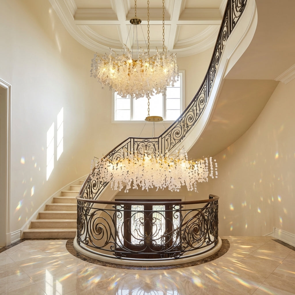 Luster Gaze Verdant Canopy Crystal Chandelier - dramatic American stairwell with soaring ceiling