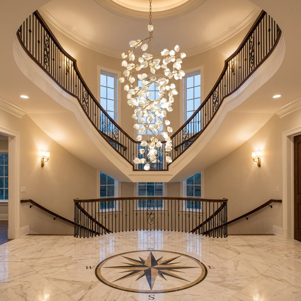 Luster Gaze Magnolia Bloom Spiral Grand Chandelier - grand American foyer with two-story ceiling