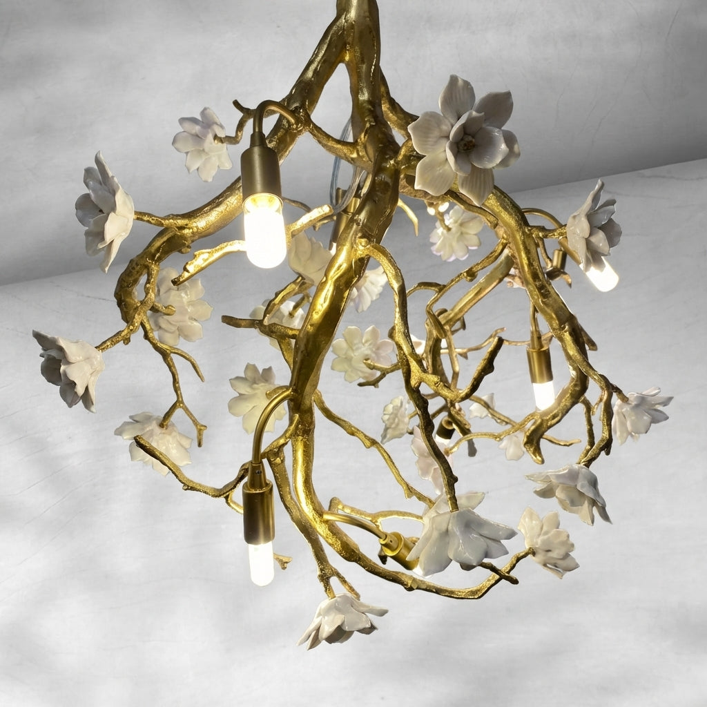 Luster Gaze Blossom Branch Brass & Ceramic Chandelier - Background Shot