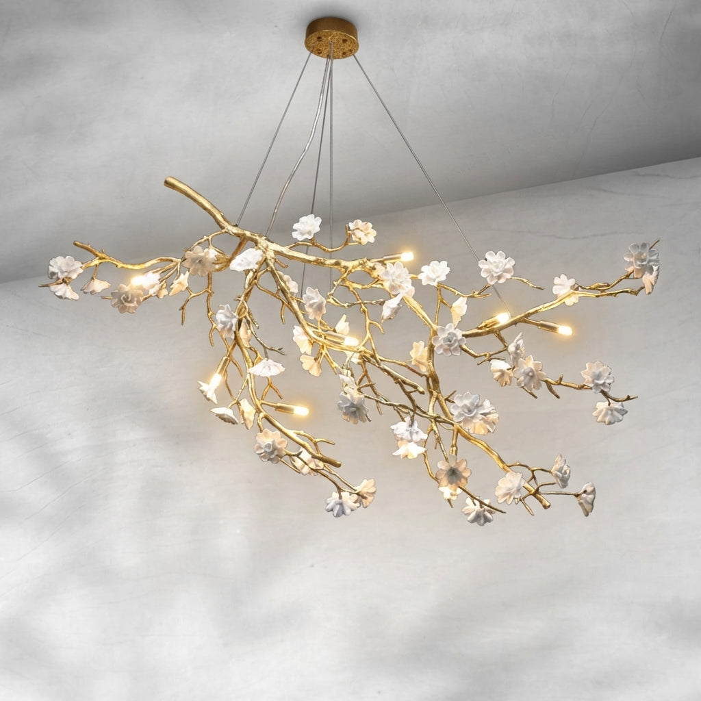 Luster Gaze Blossom Branch Brass & Ceramic Chandelier - Background Shot