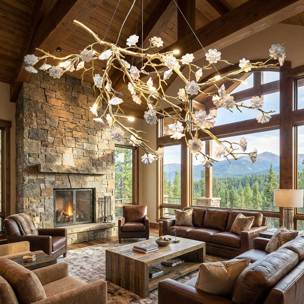 Luster Gaze Blossom Branch Brass & Ceramic Chandelier - American transitional great room with cathedral ceiling