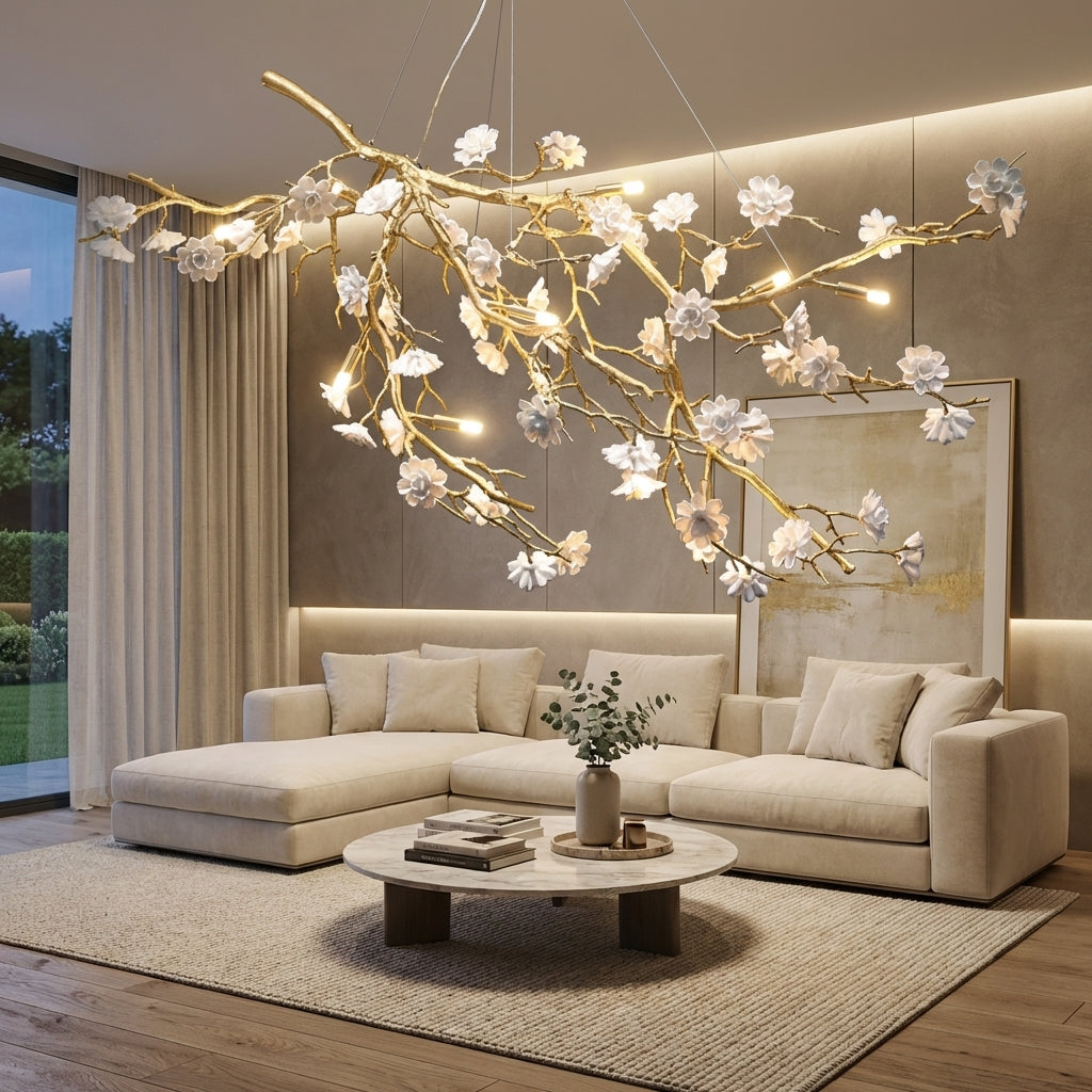 Luster Gaze Post-Modern Art Brass and Ceramics Flower Pendant Branch Chandelier for Living/Dining Room - Studio Shot