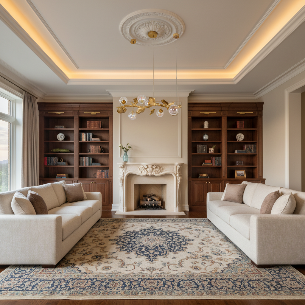 Luster Gaze Veridian Bloom Brass Branch Chandelier - luxurious American living room with tray ceiling