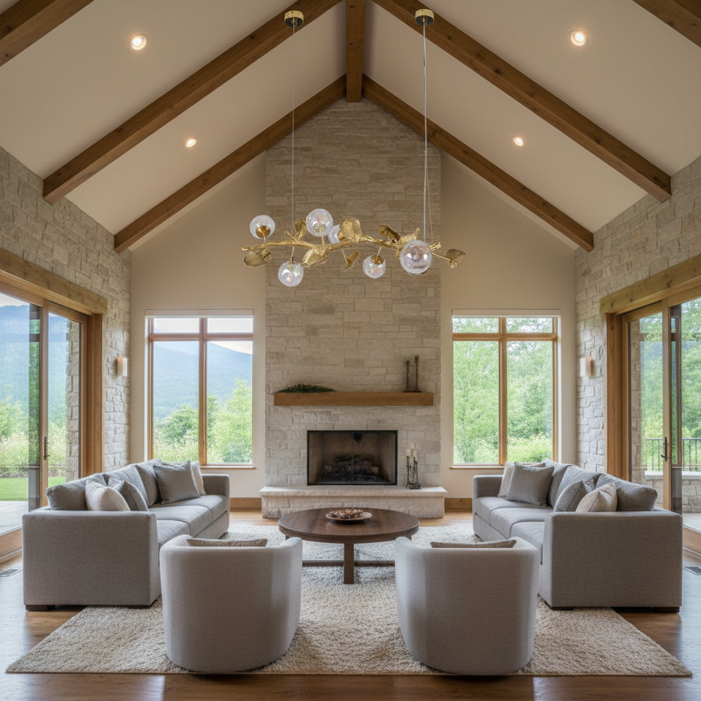 Luster Gaze Veridian Bloom Brass Branch Chandelier - American transitional great room with cathedral ceiling