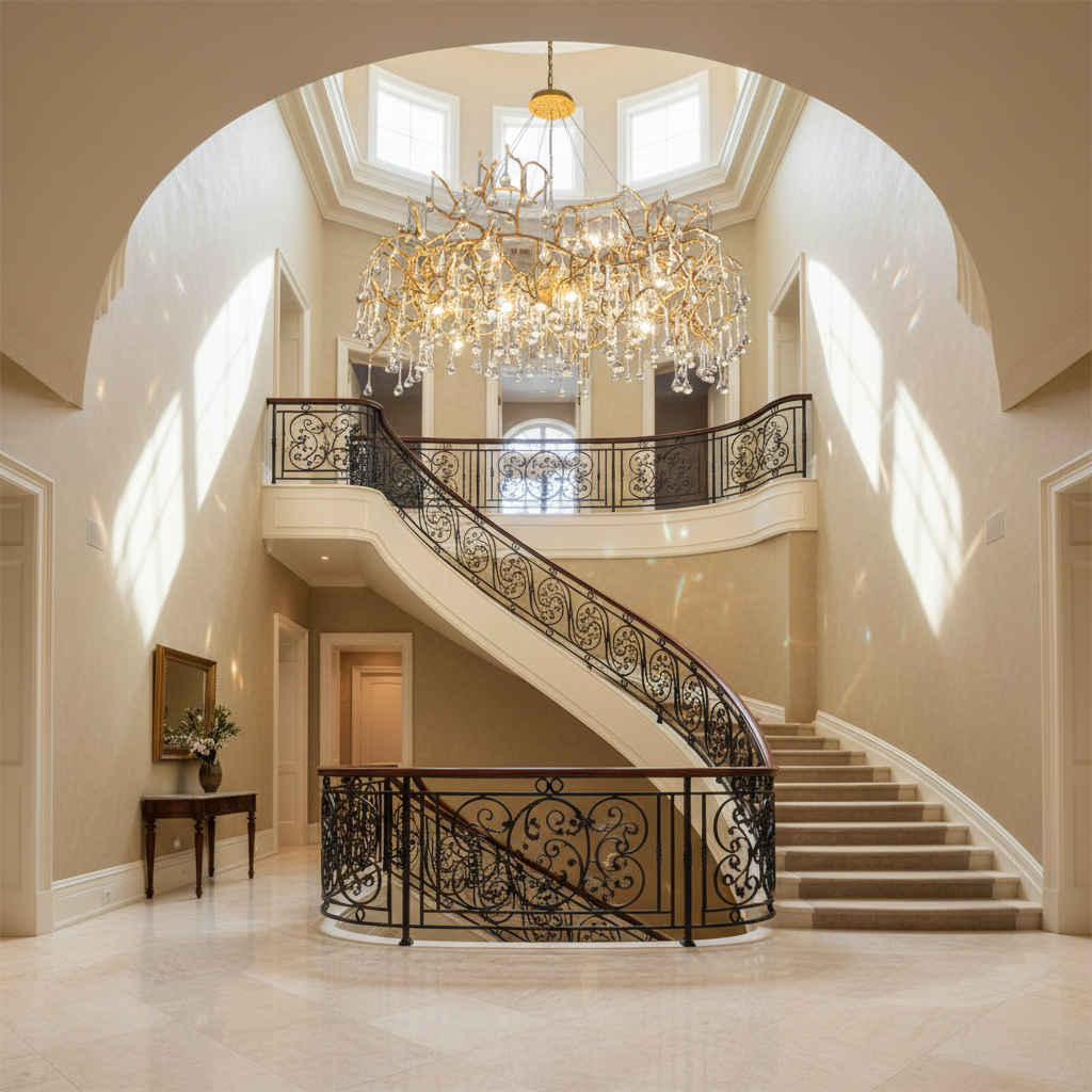 Luster Gaze Veridian Bloom Branch Chandelier - dramatic American stairwell with soaring ceiling