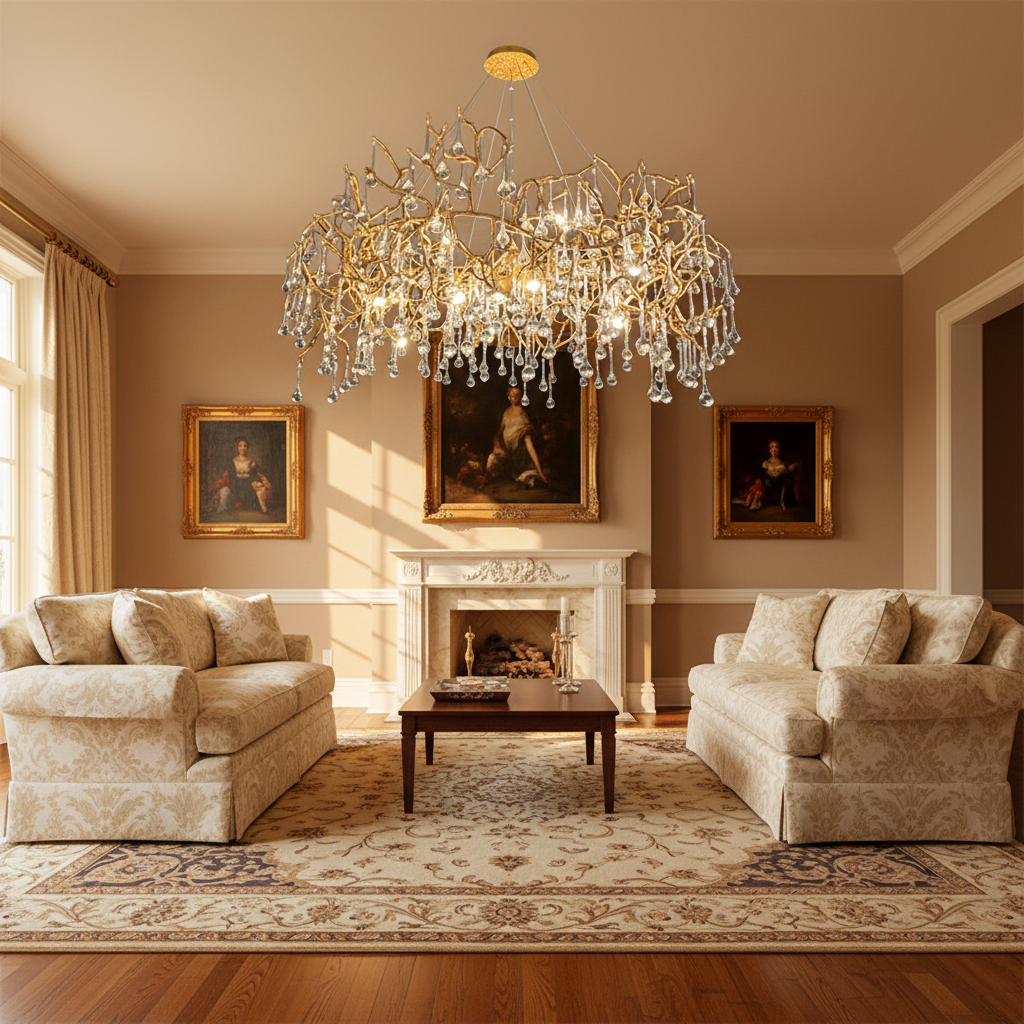 Luster Gaze Avis Crystal Rain Branch Chandelier - American formal living room with 12-foot ceilings