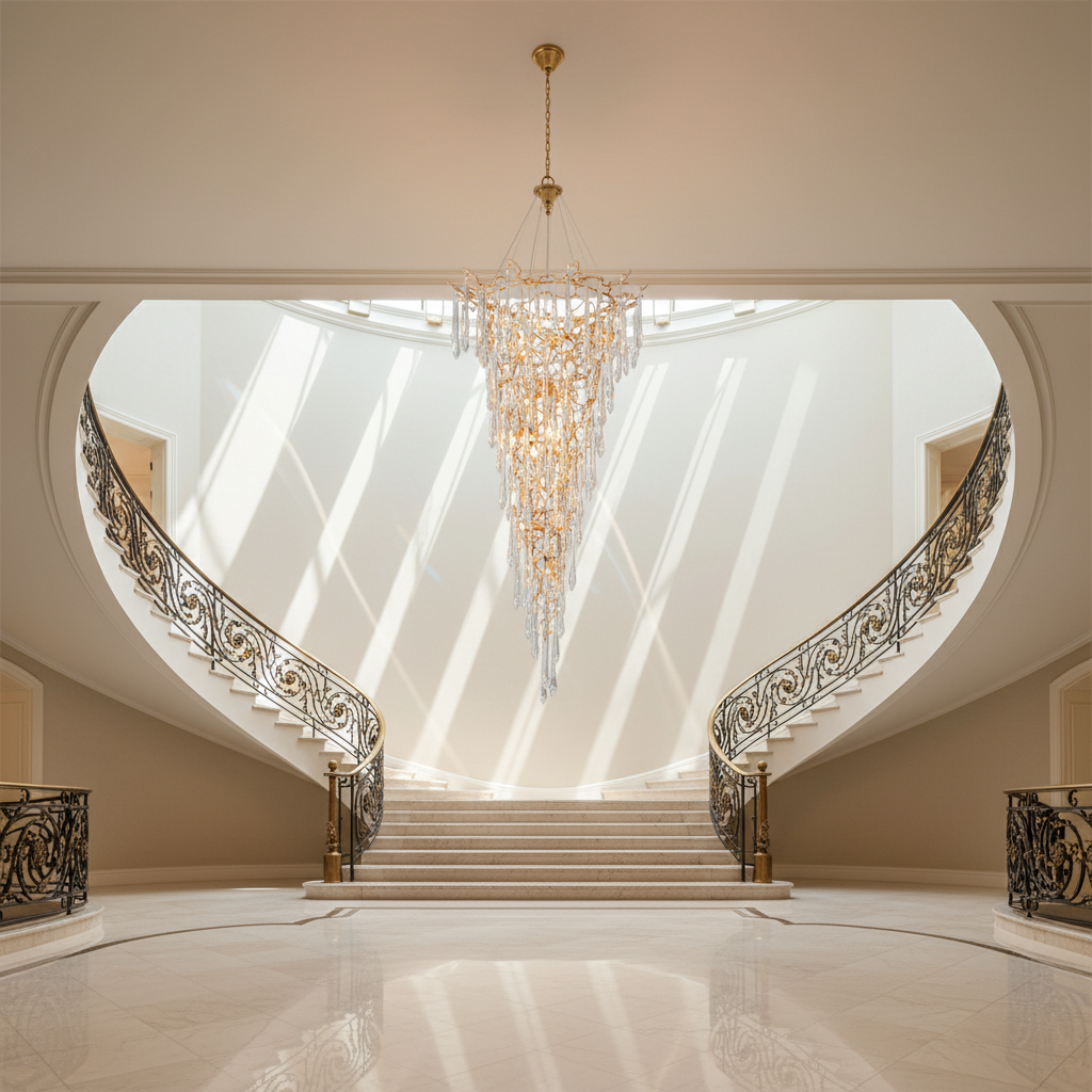 Luster Gaze Grand Canopy Crystal Branch Chandelier - dramatic American stairwell with soaring ceiling