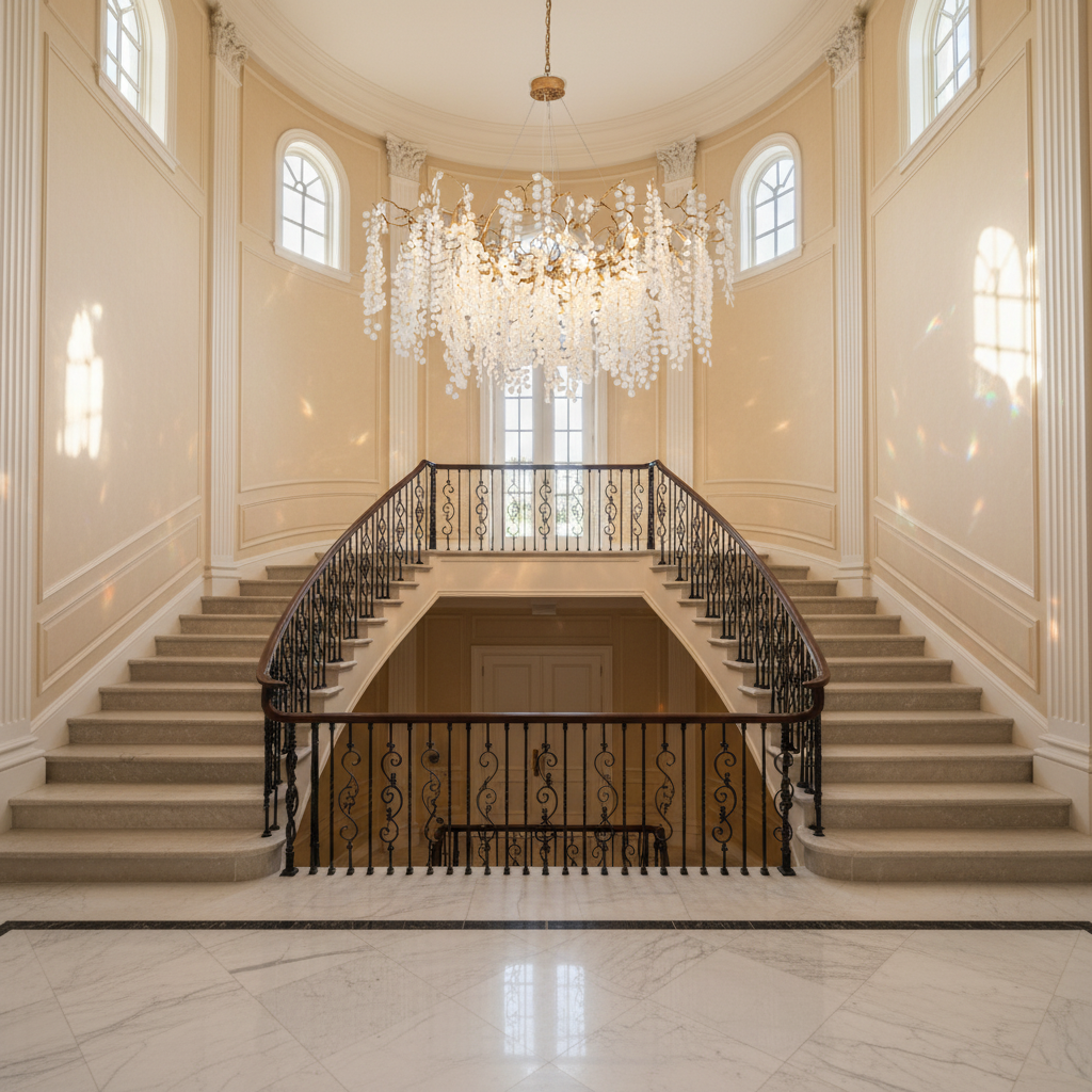 Luster Gaze Veridian Branch Crystal Chandelier - dramatic American stairwell with soaring ceiling