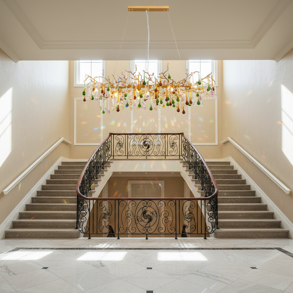 Luster Gaze Veridian Bloom Linear Branch Chandelier - dramatic American stairwell with soaring ceiling
