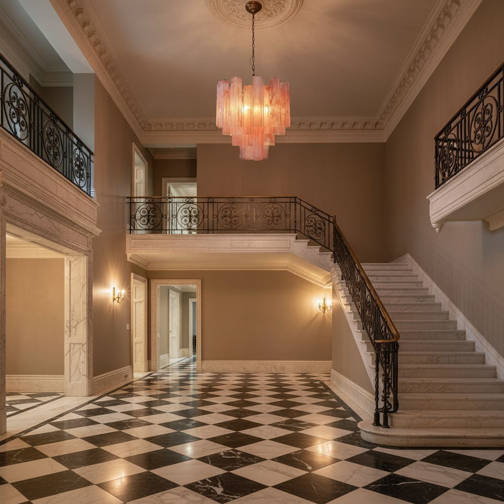 Luster Gaze Rosewater Murano Glass Chandelier - grand American estate foyer
