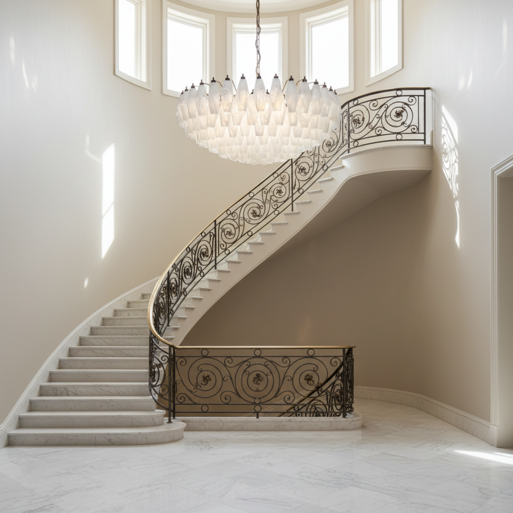 Luster Gaze Murano Chandelier – Poliedri – 185 glass – White Alabaster - dramatic American stairwell with soaring ceiling
