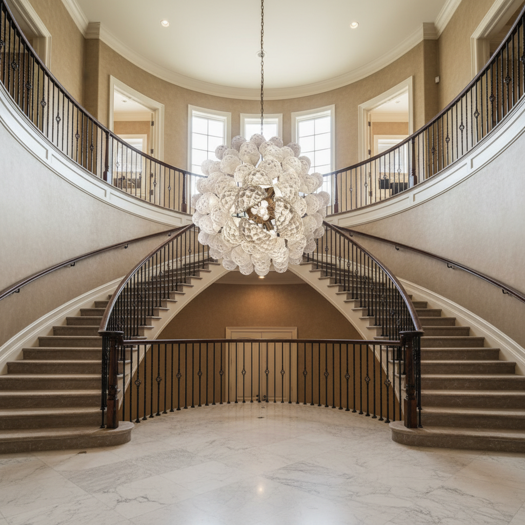 Luster Gaze Murano Chandelier – Drop – 75 glasses – Transparent - dramatic American stairwell with soaring ceiling