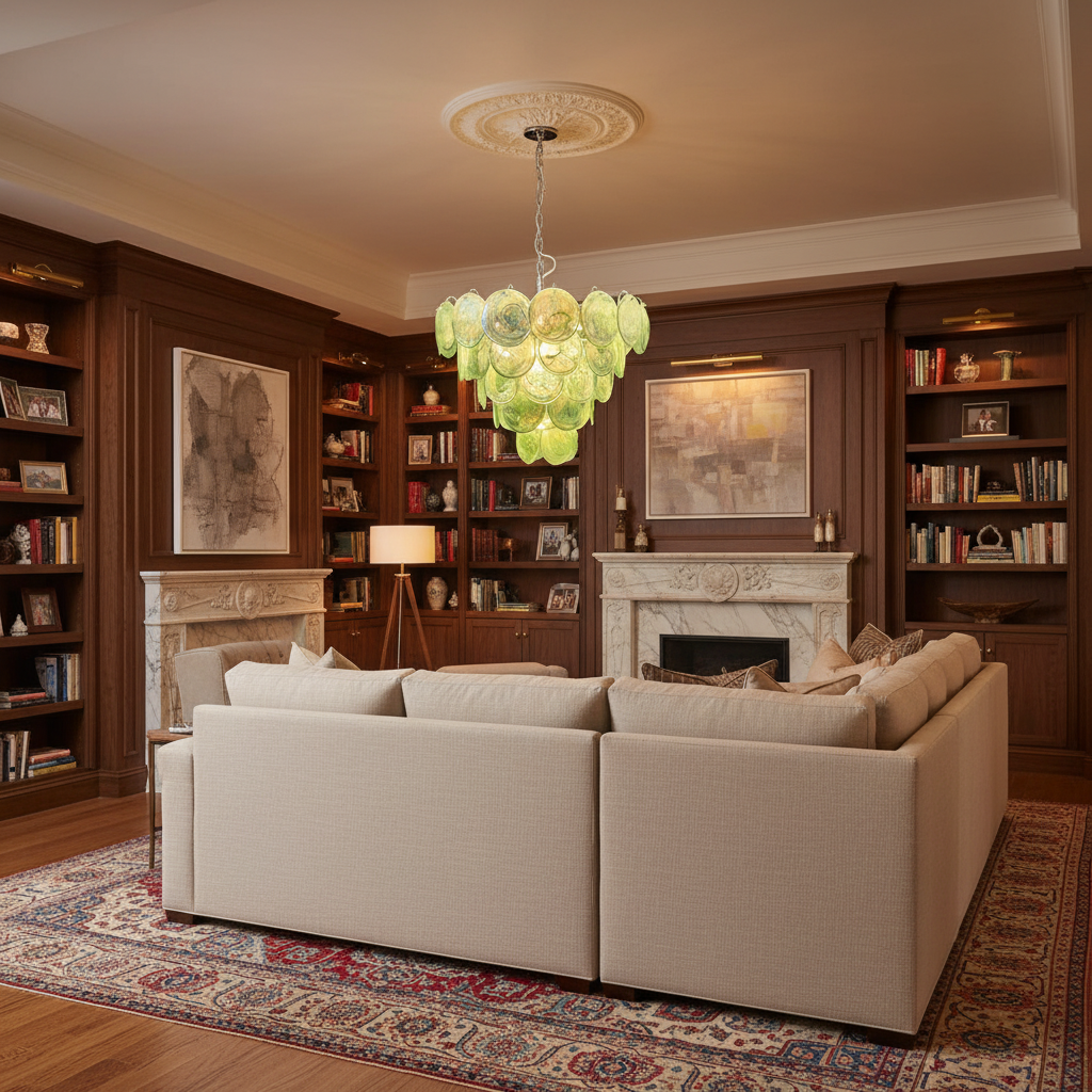 Luster Gaze Verdant Aura Glass Disk Chandelier - luxurious American living room with tray ceiling