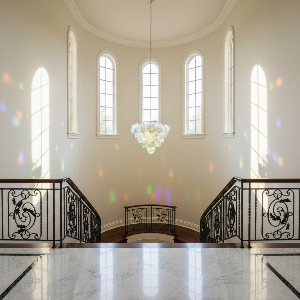 Luster Gaze Azure Bloom Glass Chandelier - dramatic American stairwell with soaring ceiling