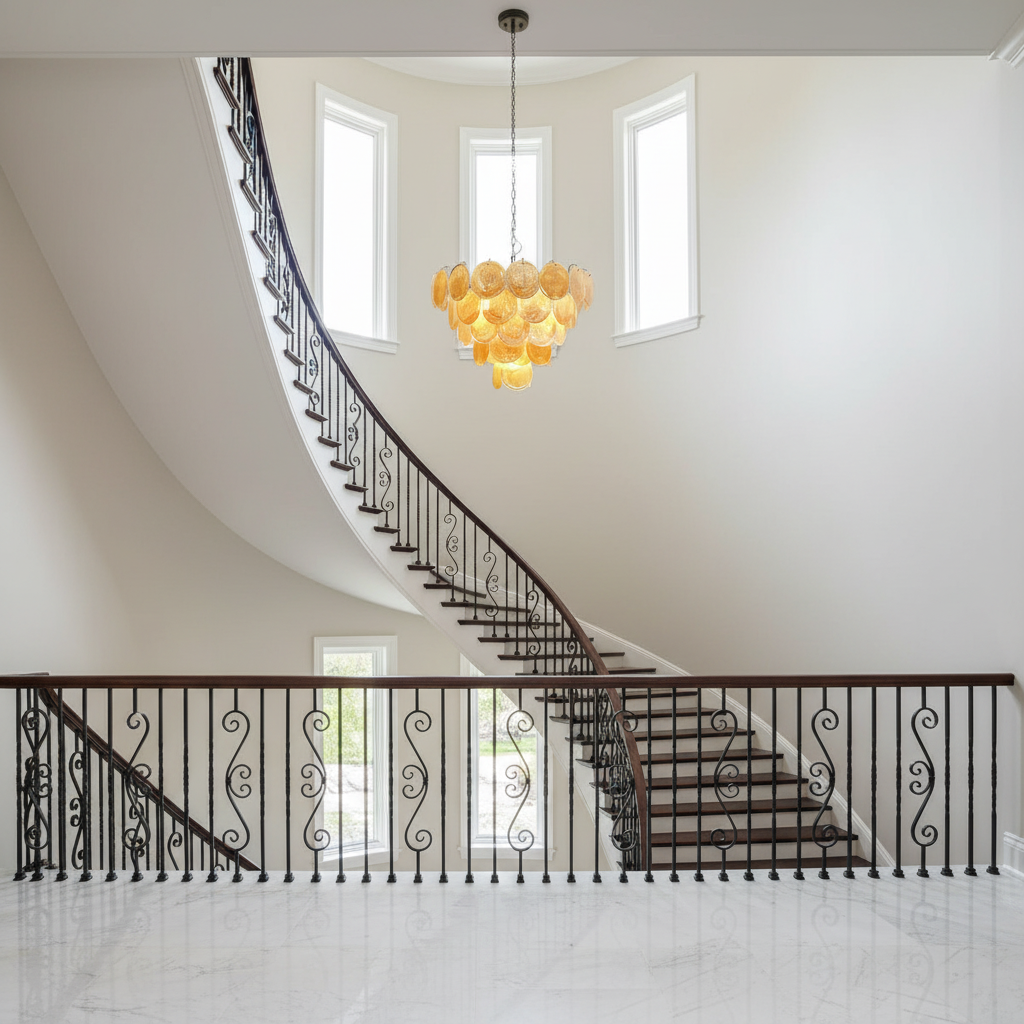 Luster Gaze Aurelian Bloom Murano Chandelier - dramatic American stairwell with soaring ceiling
