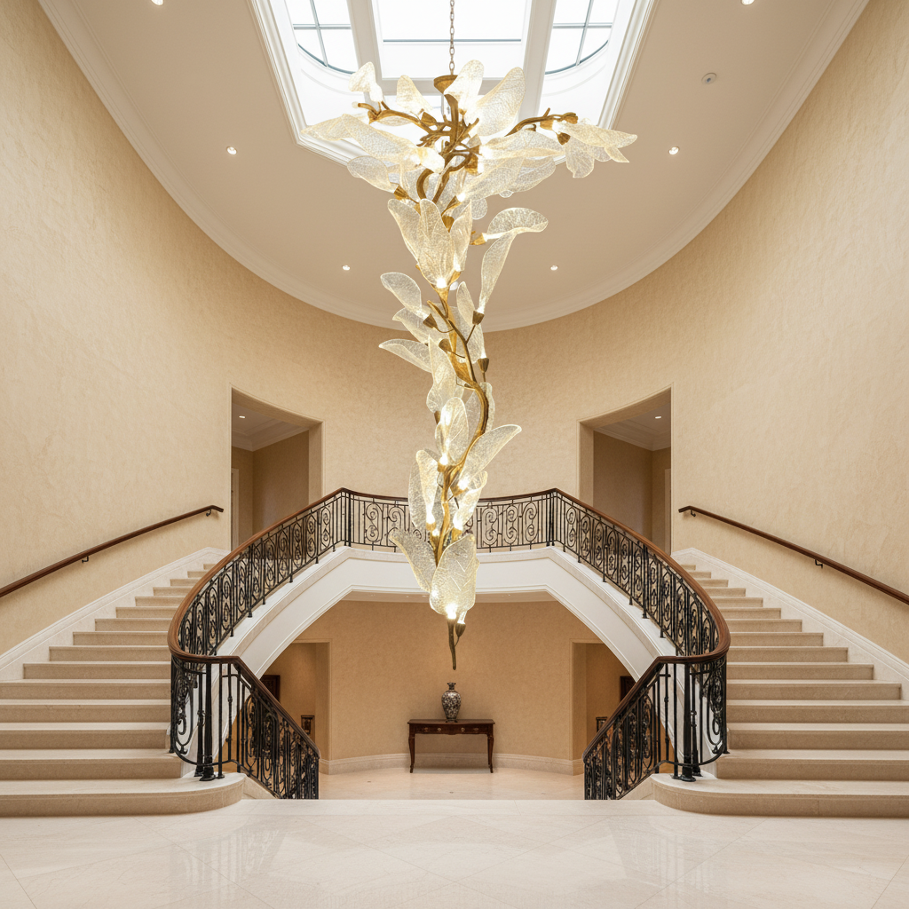 Luster Gaze Verdant Petal Resin Chandelier - dramatic American stairwell with soaring ceiling