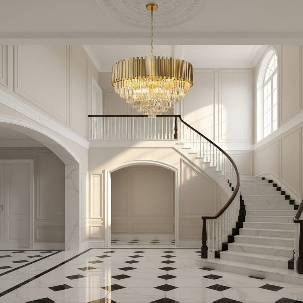 Luster Gaze Radiant Cascade Crystal Chandelier - grand American estate foyer