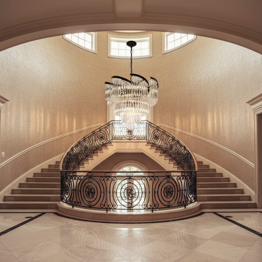 Luster Gaze Radiant Bloom Round Crystal Chandelier - dramatic American stairwell with soaring ceiling