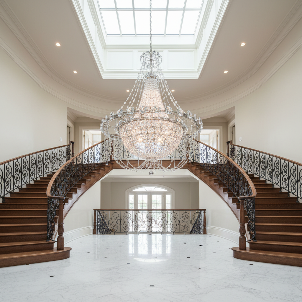 Luster Gaze Grand Regency Tiered Chandelier - dramatic American stairwell with three-story void