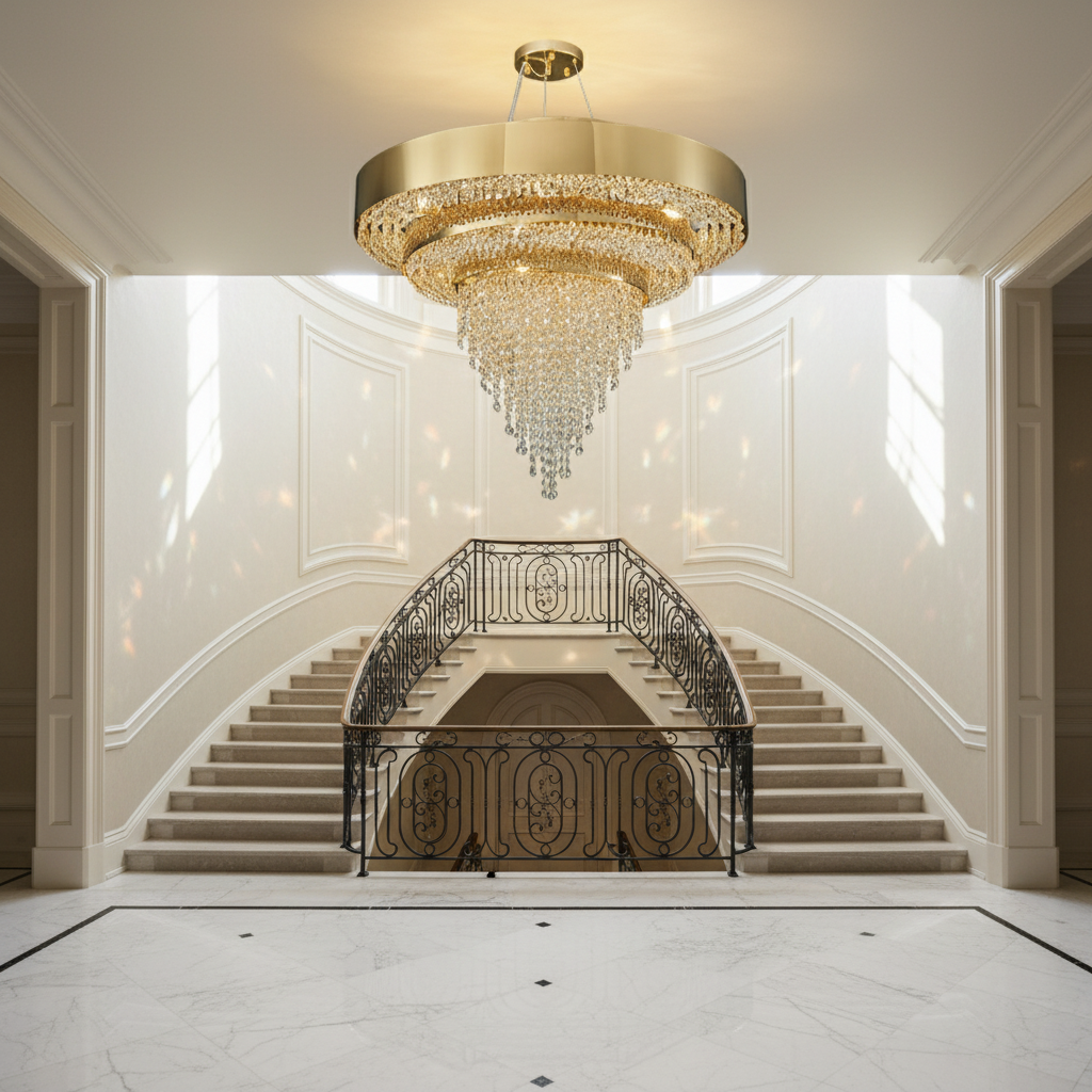Luster Gaze Decorative Gold Round Crystal Living Room Chandelier Light Oval Pendant Lamp For Dining Room Kitchen Table - dramatic American stairwell with soaring ceiling