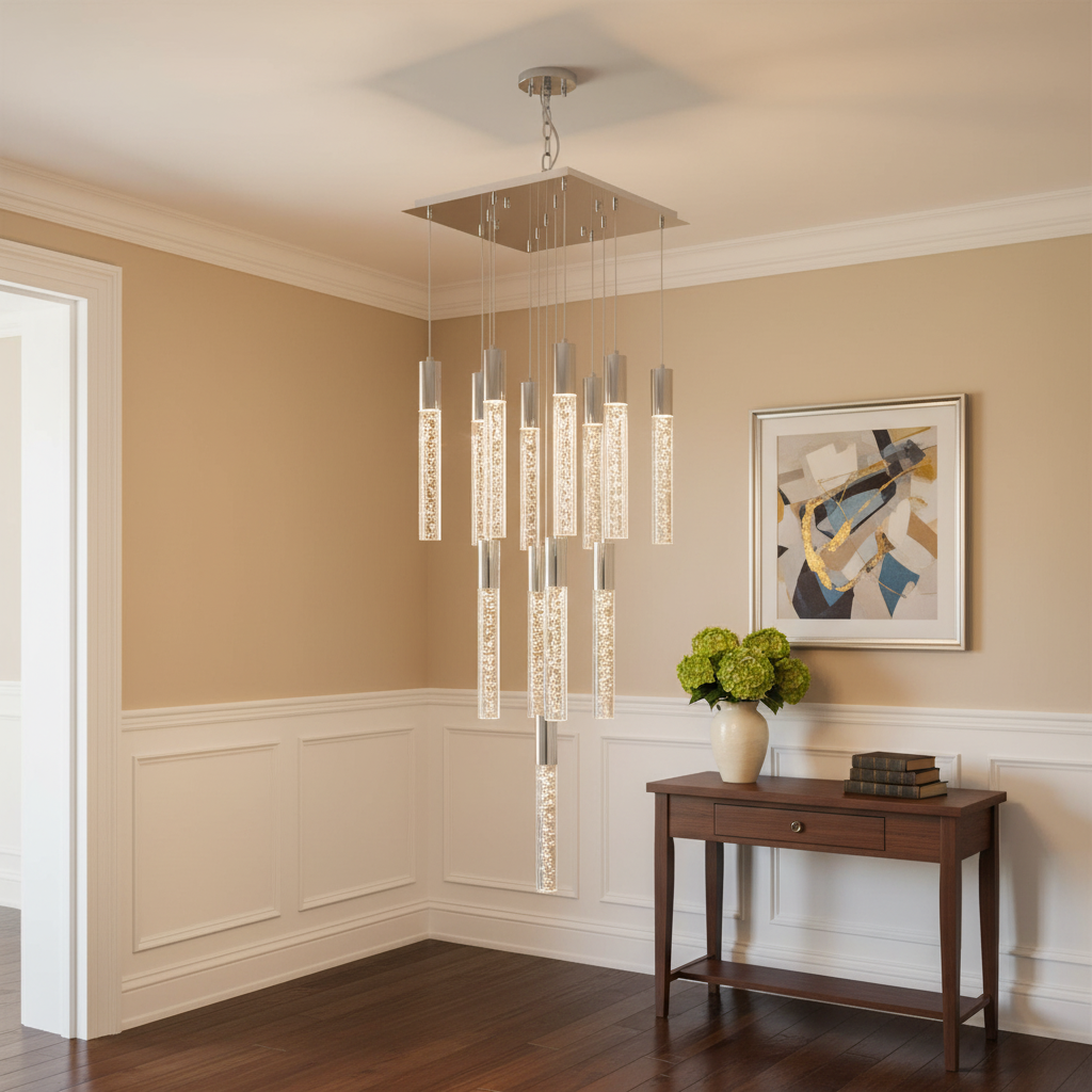 Luster Gaze Radiant Cascade Cylinder Chandelier 13-Light - elegant American entryway with 10-foot ceiling