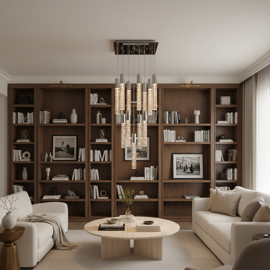 Luster Gaze Radiant Cascade Cylinder Chandelier 13-Light - sophisticated American open-plan living area