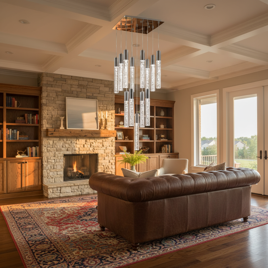 Luster Gaze Radiant Cascade Cylinder Chandelier 13-Light - American transitional living room with coffered ceiling
