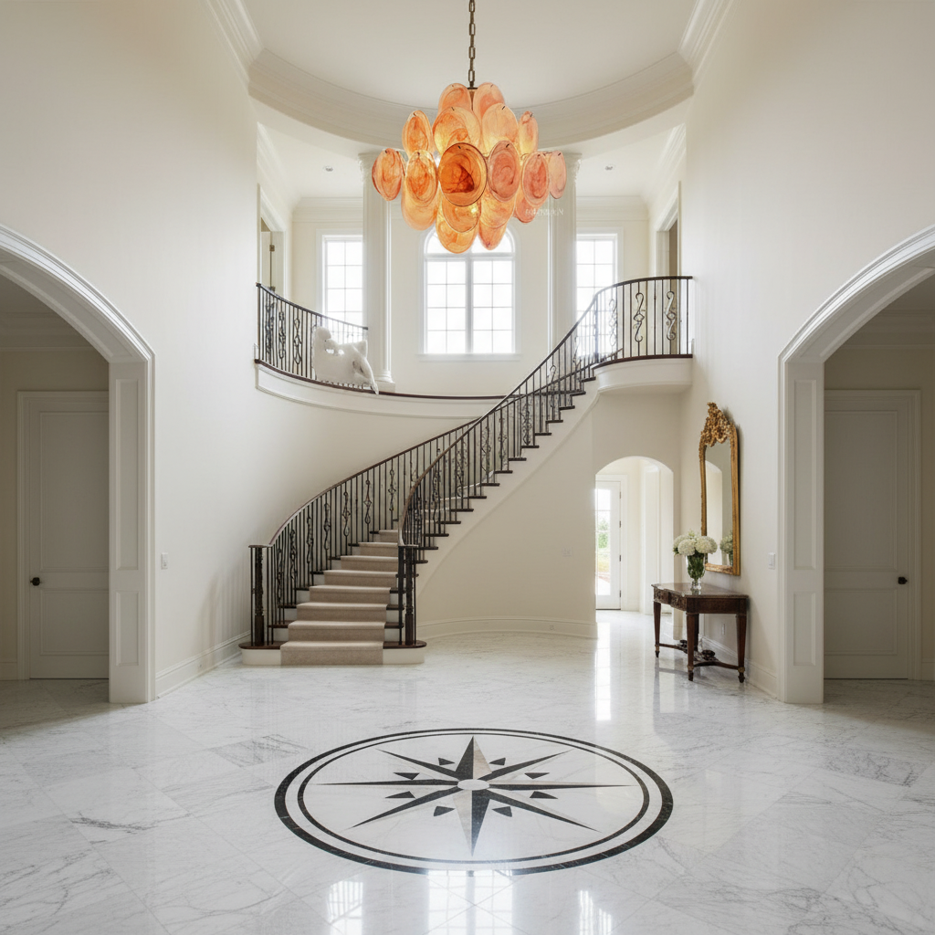 Luster Gaze Roseate Bloom 36-Disk Chandelier - grand American foyer with two-story ceiling