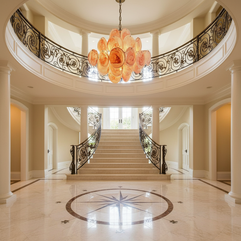 Luster Gaze Murano Chandelier 36 Pink Disks - grand American foyer with two-story ceiling