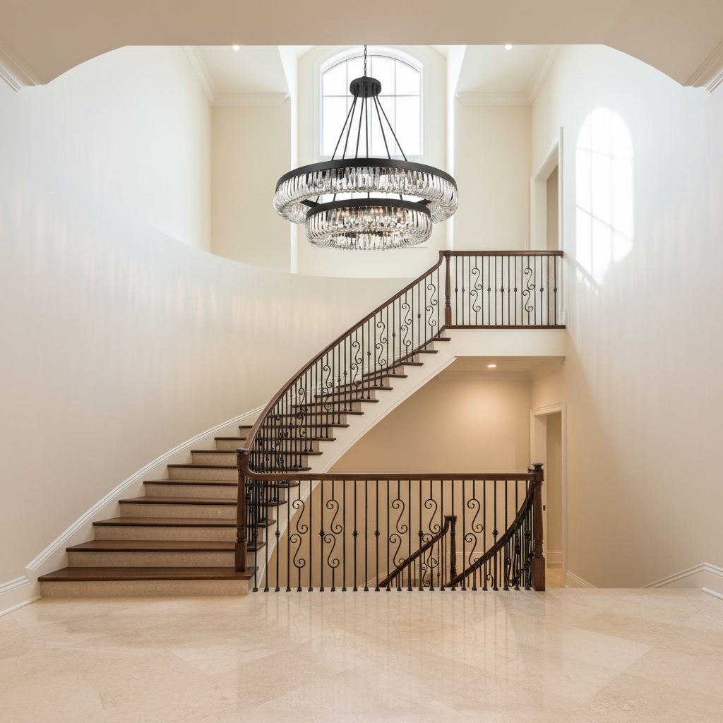 Luster Gaze Grand Lumina 2-Tier 26 Light Chandelier - dramatic American stairwell with soaring ceiling