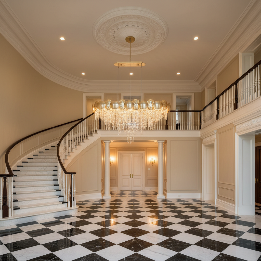 Luster Gaze Radiant Oval Brass Crystal Chandelier - grand American estate foyer