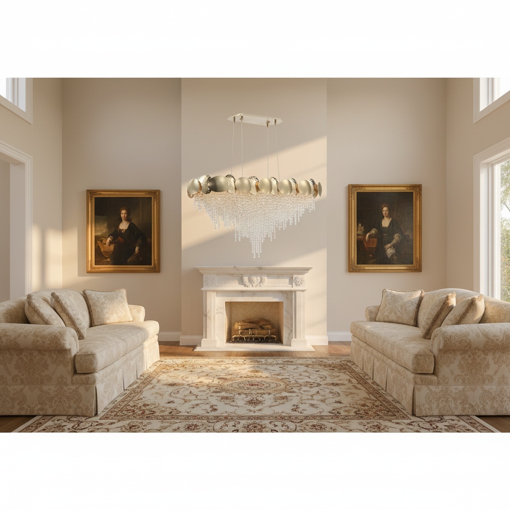 Luster Gaze Radiant Oval Brass Crystal Chandelier - American formal living room with 12-foot ceilings