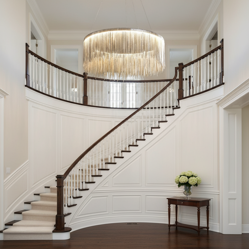 Luster Gaze Radiant Cascade Round Chandelier - elegant American entryway with arched doorway