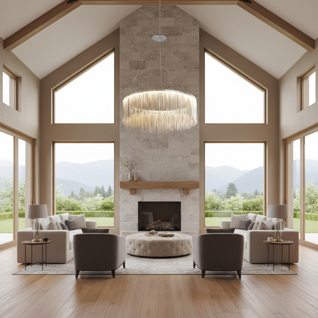Luster Gaze Radiant Cascade Round Chandelier - American transitional great room with cathedral ceiling