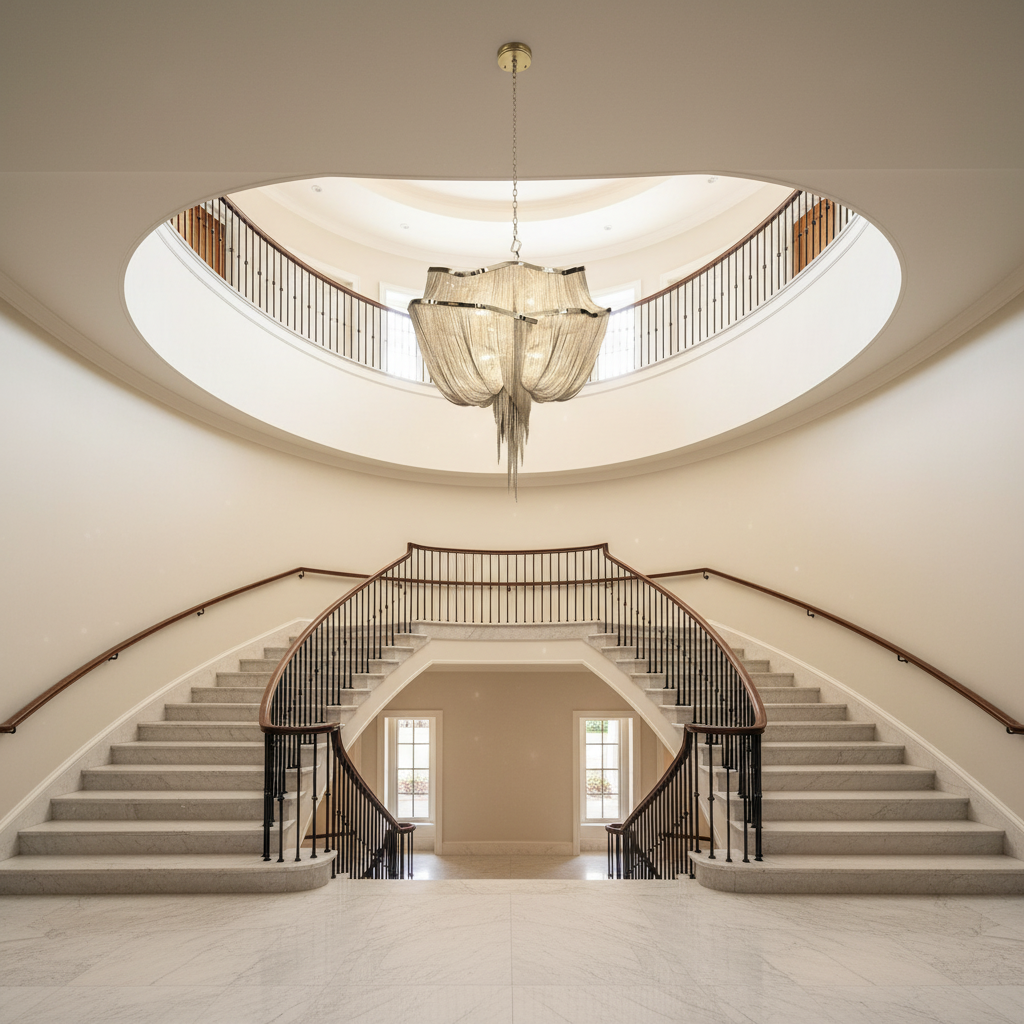 Luster Gaze Alisa Double-Layer 7-Light Chandelier - dramatic American stairwell with soaring ceiling